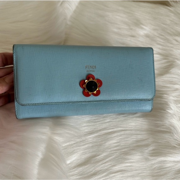 Fendi Handbags - *RARE* FENDI Flower Blue/Grey Calfskin Long Wallet